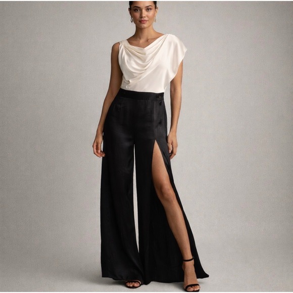 Michelle Mason Pants - Michelle Mason Silk Cowl Neck Jumpsuit Ivory Black Wide Leg Size 4 Bride Wedding